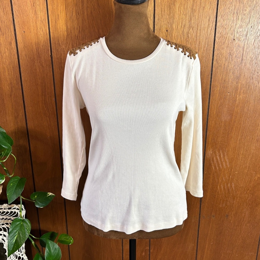 Lauren Ralph Lauren Petite Ribbed Cotton Top Cream Lace Up Shoulder Patches‎ PM